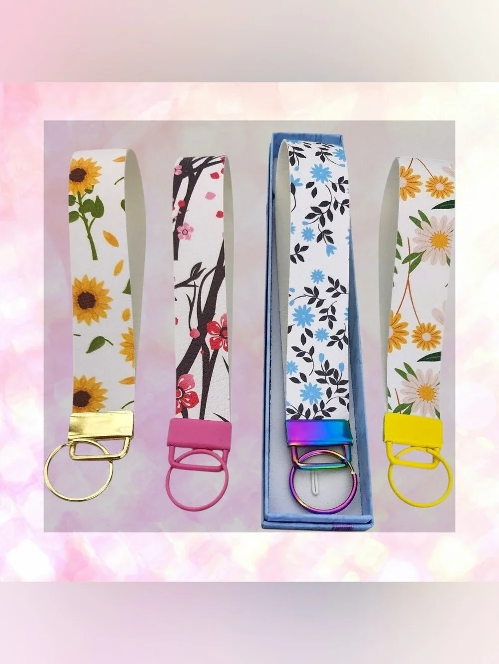 Friendly Floral Wristlet Keychain Fob Set | Gift Box Included- Vegan Leather